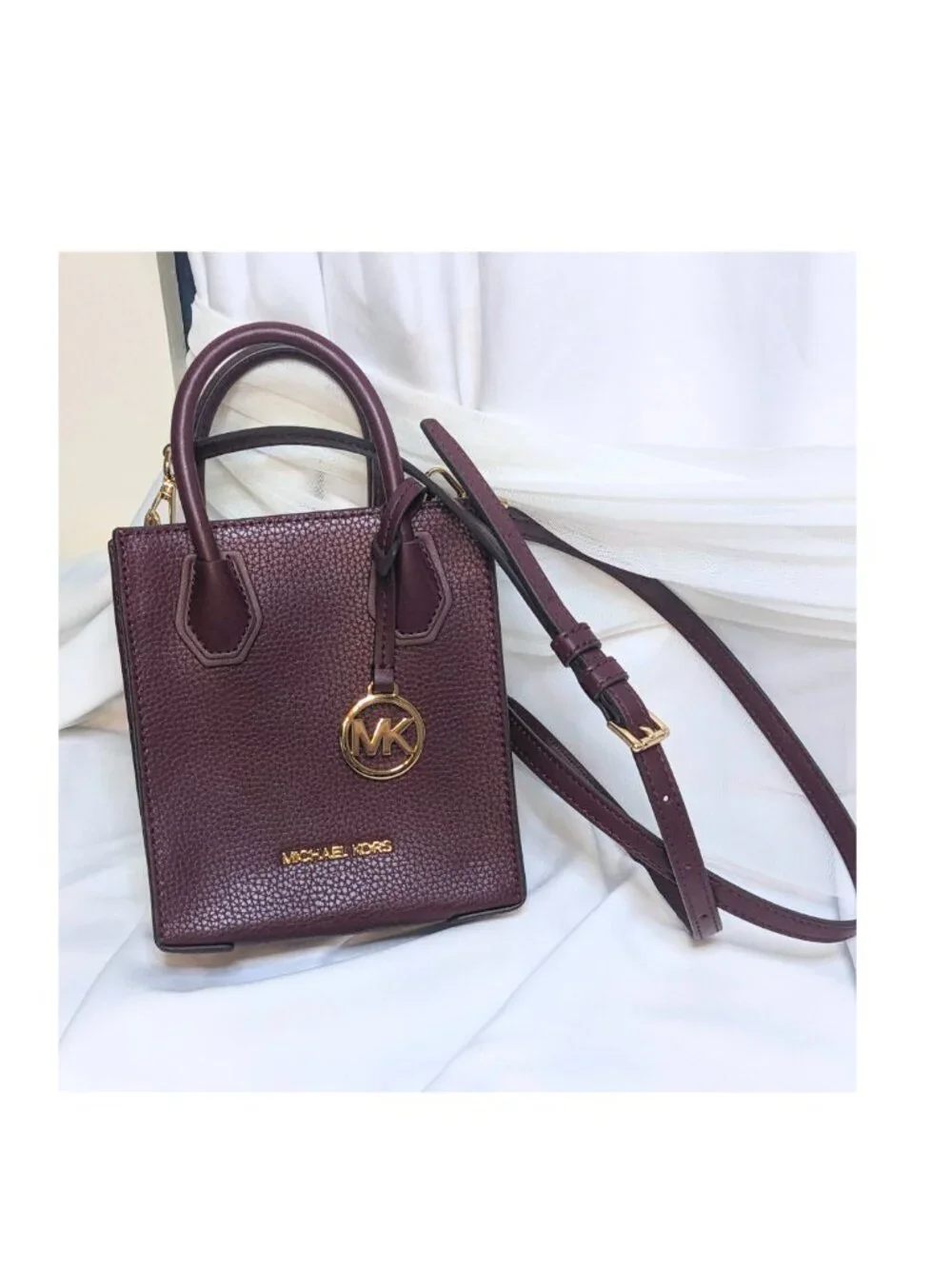 Michael Kors Burgundy Pebbled Leather Mini Satchel Crossbody Gold Logo NWOT - Picture 5 of 6